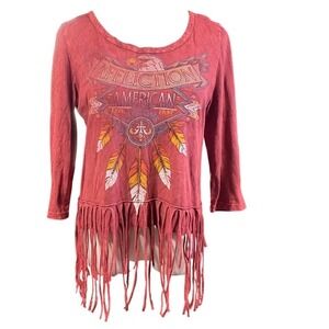 Affliction American Customs Fringe Graphic Long‎ Sleeve Top Burgundy Red Medium
